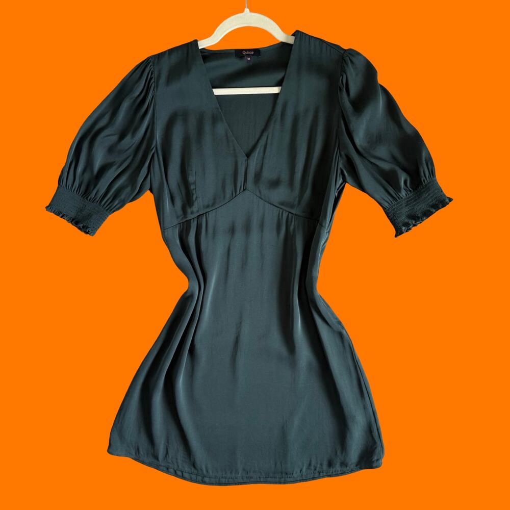 Quince Green Washable Stretch Silk Puff Sleeve Mini Dress Medium